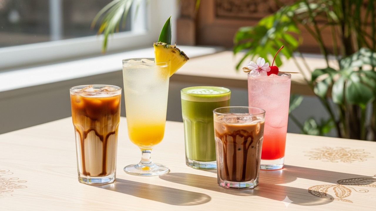 Tampilan tiga minuman kafe favorit 2026 dengan warna segar dan nuansa kekinian yang menggoda untuk dicoba.