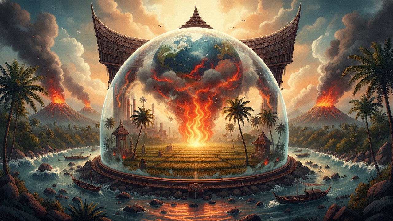 Ilustrasi atmosfer Bumi dan gas rumah kaca yang menahan panas Matahari, kunci suhu nyaman bagi kehidupan.