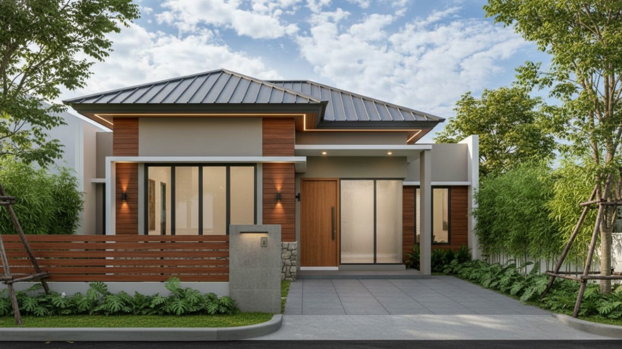 Desain rumah minimalis dengan gaya tropis modern, menggabungkan material alami dan pencahayaan alami yang memberikan kesan sejuk dan elegan.