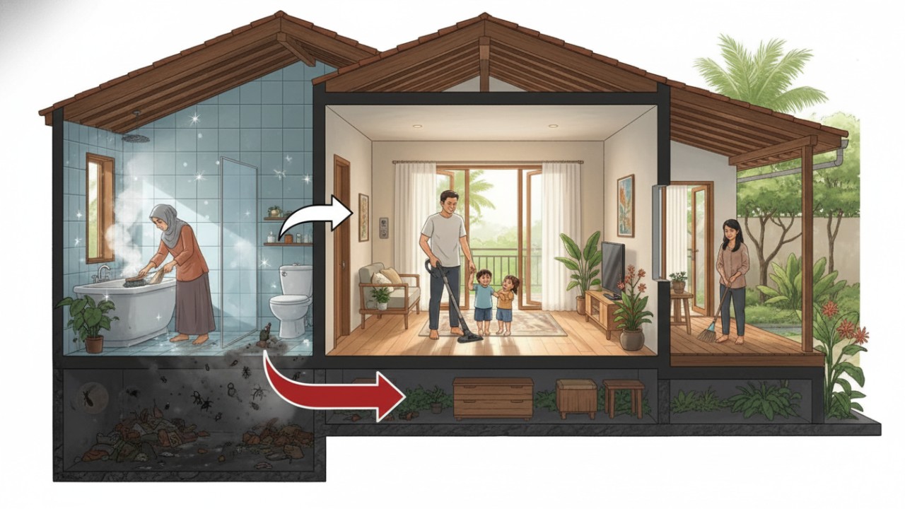 Aktivitas membersihkan rumah dari kamar mandi hingga dapur demi menjaga kebersihan dan kesehatan keluarga.
