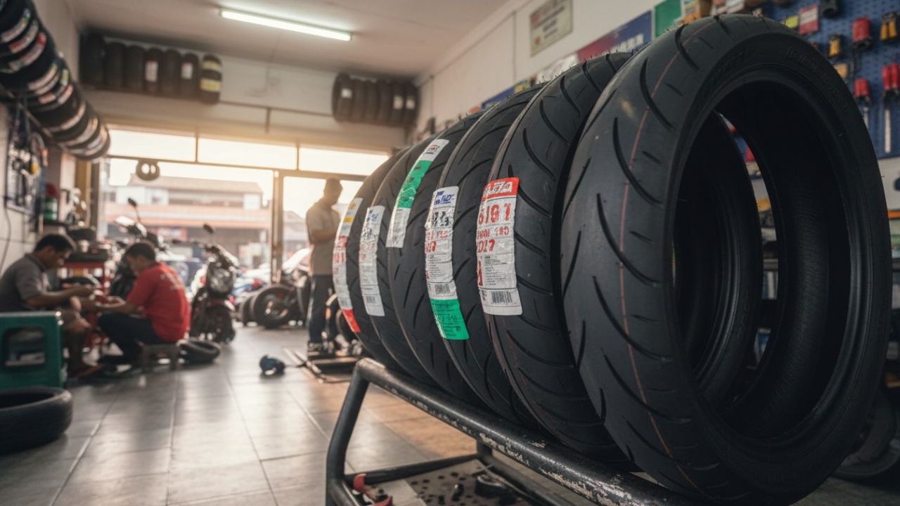 Deretan ban motor soft compound pilihan pengendara harian dengan grip mantap di jalan kota.