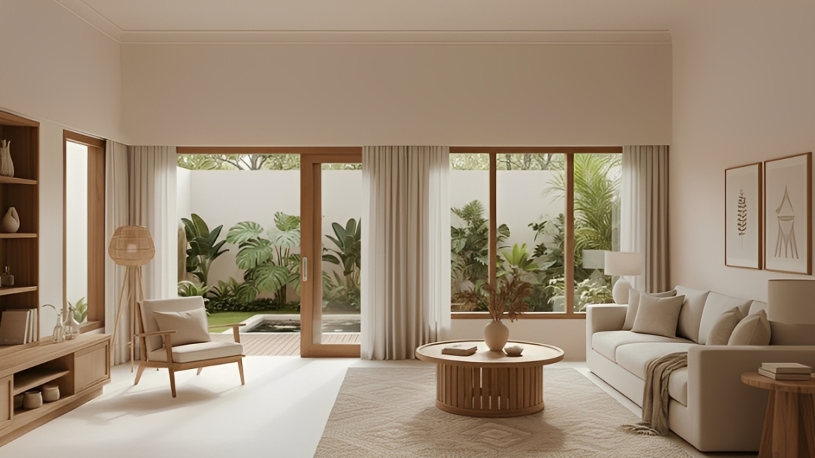 Interior ruang tamu modern bernuansa beige dengan furnitur kayu alami dan pencahayaan alami, menghadirkan kesan hangat, elegan, dan mewah sebagai inspirasi cat rumah beige populer 2026.