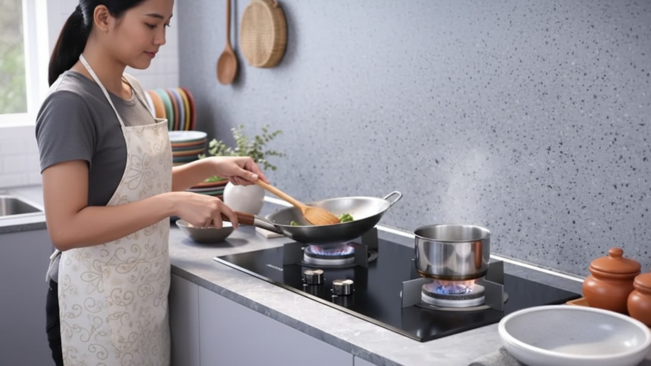 Ilustrasi tiga merek kompor gas populer Rinnai, Quantum, dan Electrolux yang sering dipakai dapur rumah tangga Balikpapan.