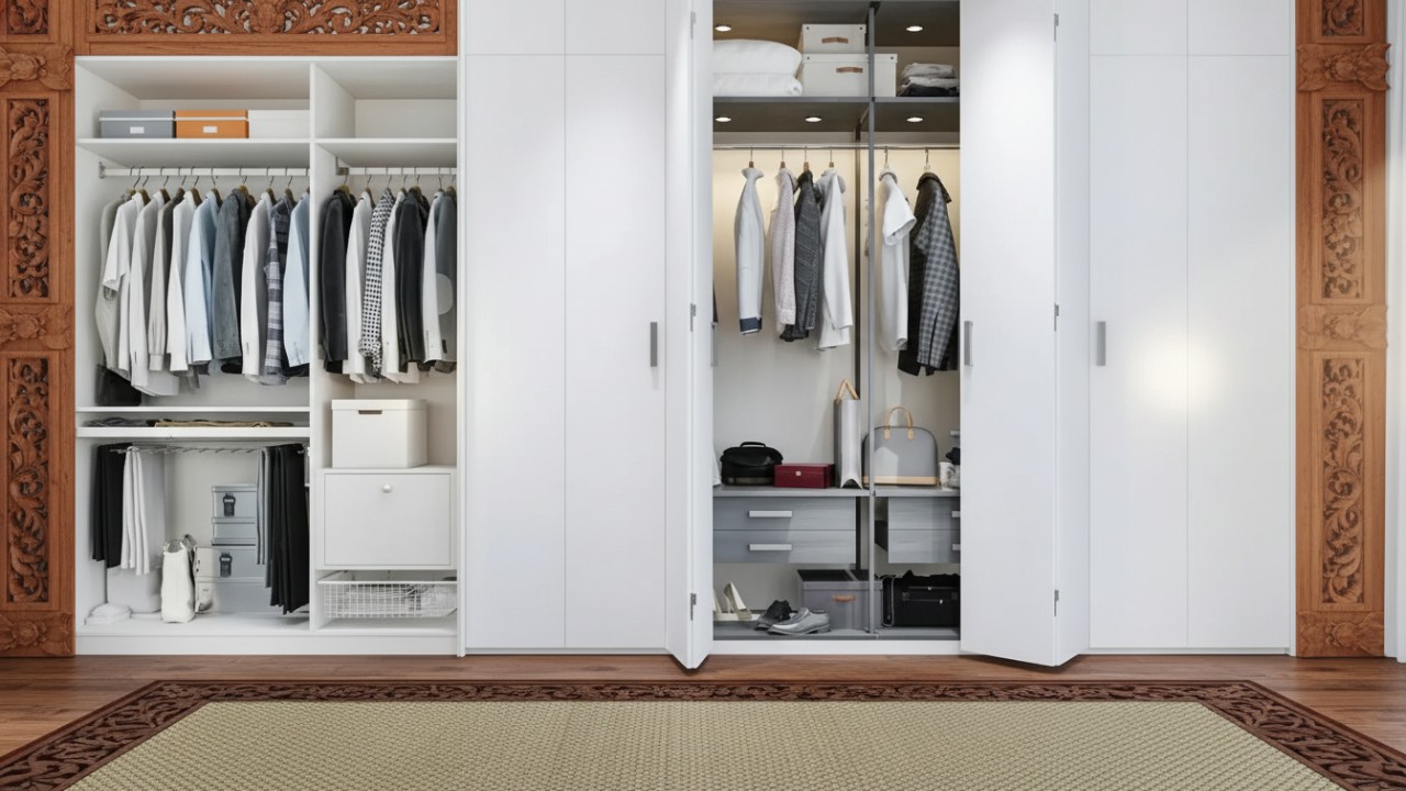 Tampilan lemari pakaian modern dan minimalis dengan desain rapi, fungsional, dan cocok untuk kamar hunian Balikpapan.