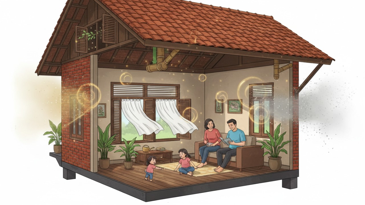 Ilustrasi sirkulasi udara rumah yang bersih dan segar, mendukung kesehatan penghuni dan kenyamanan harian.