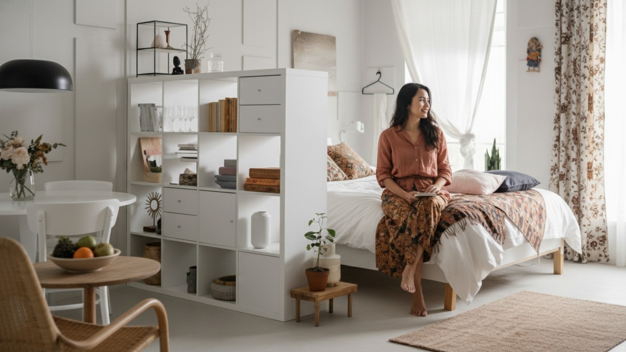 Ilustrasi kamar tidur rapi dengan kasur nyaman, lemari fungsional, dan udara bersih yang mendukung kualitas istirahat.