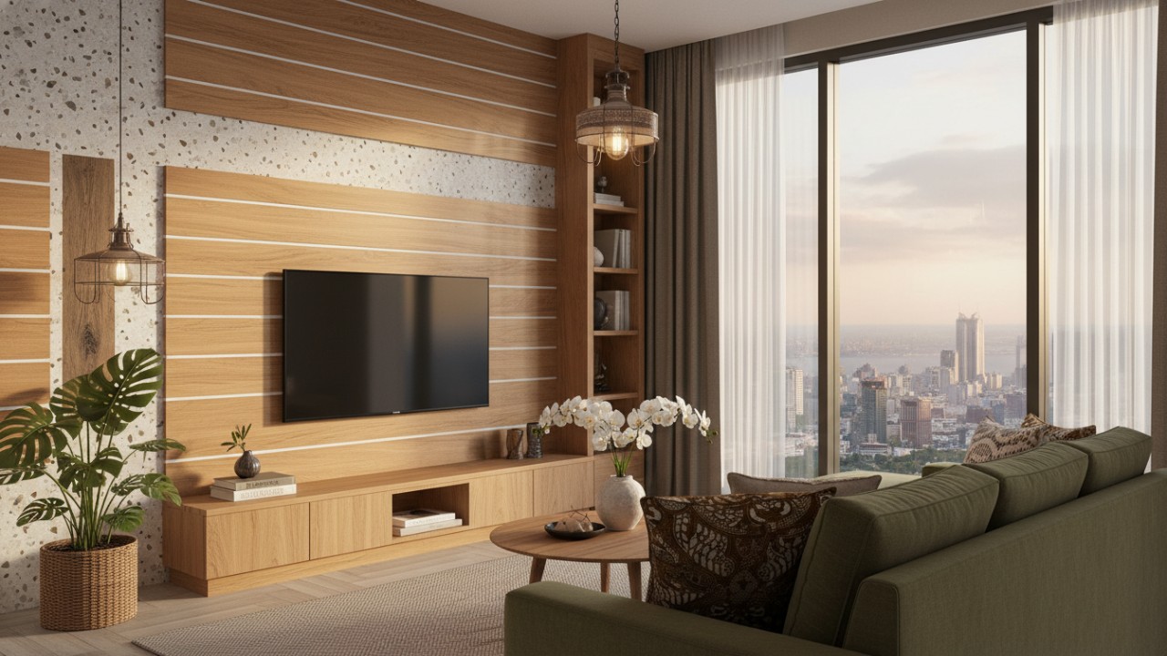 Dinding HPL ruang tamu dengan motif modern yang memberi kesan elegan dan rapi sebagai focal point hunian.
