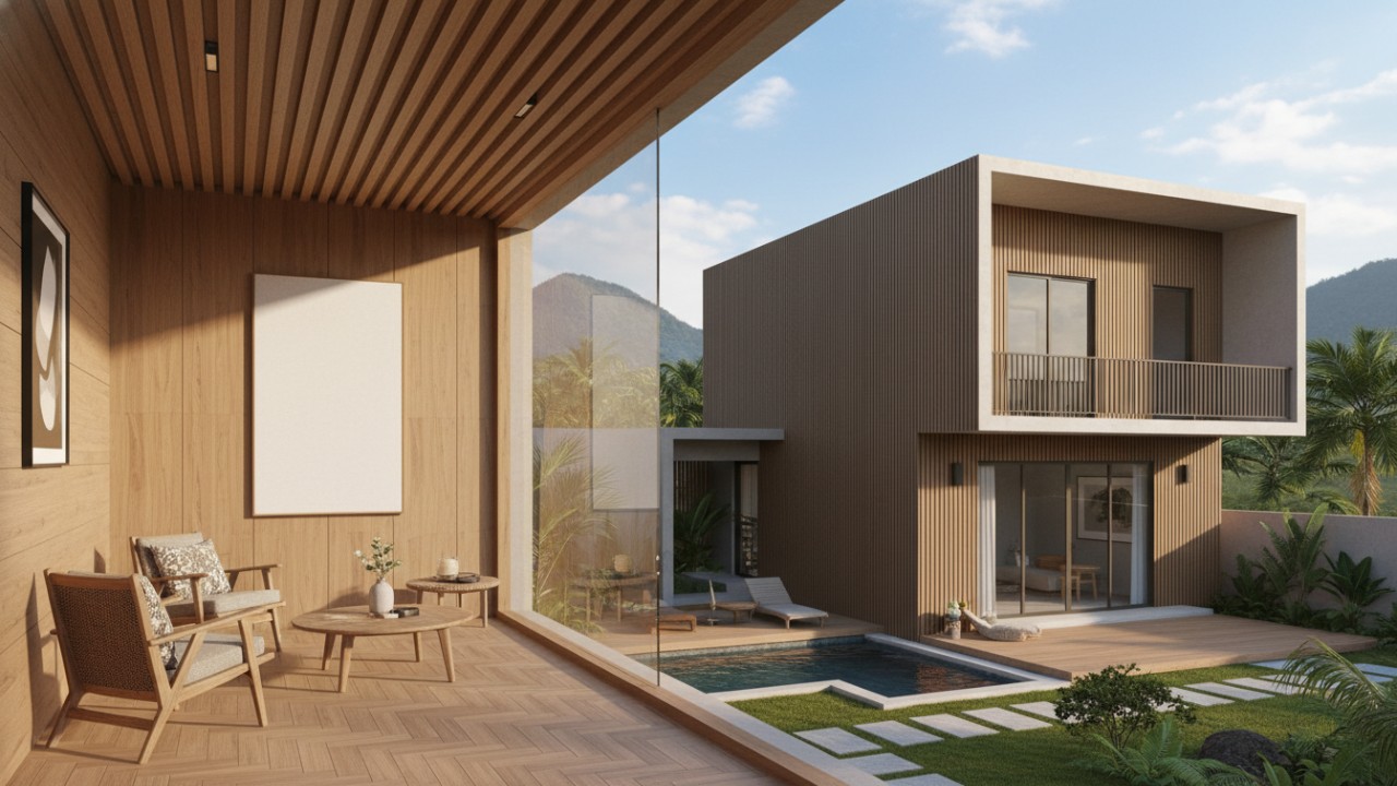 Tampilan WPC Wall Panel dengan tekstur alami yang memperkuat kesan modern dan hangat pada berbagai area rumah.