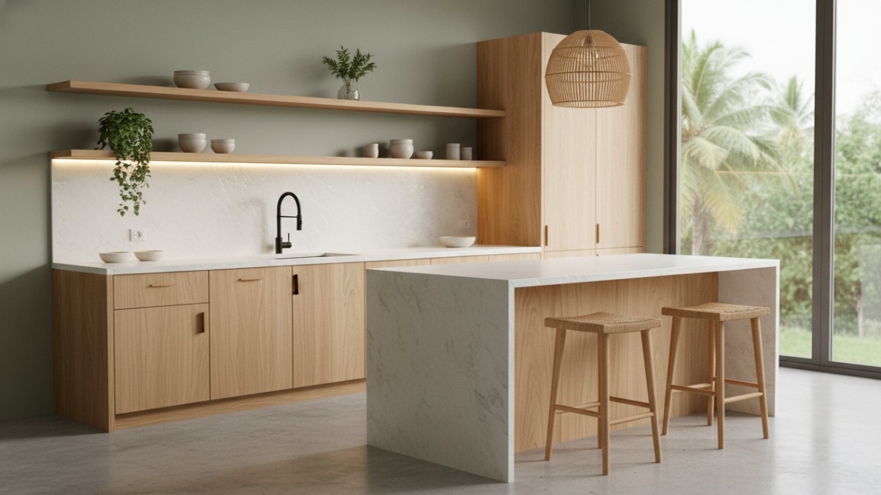 Tampilan kitchen set minimalis 2026 dengan desain bersih, warna netral, dan material alami yang memberi kesan modern dan nyaman.