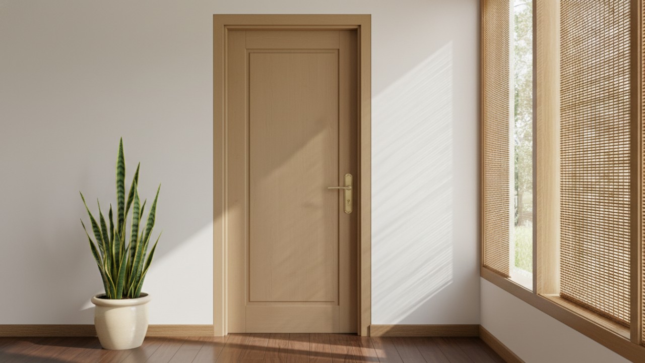 Tampilan pintu rumah HPL minimalis Bogor bergaya Skandinavia dengan permukaan rapi dan warna netral yang menenangkan.