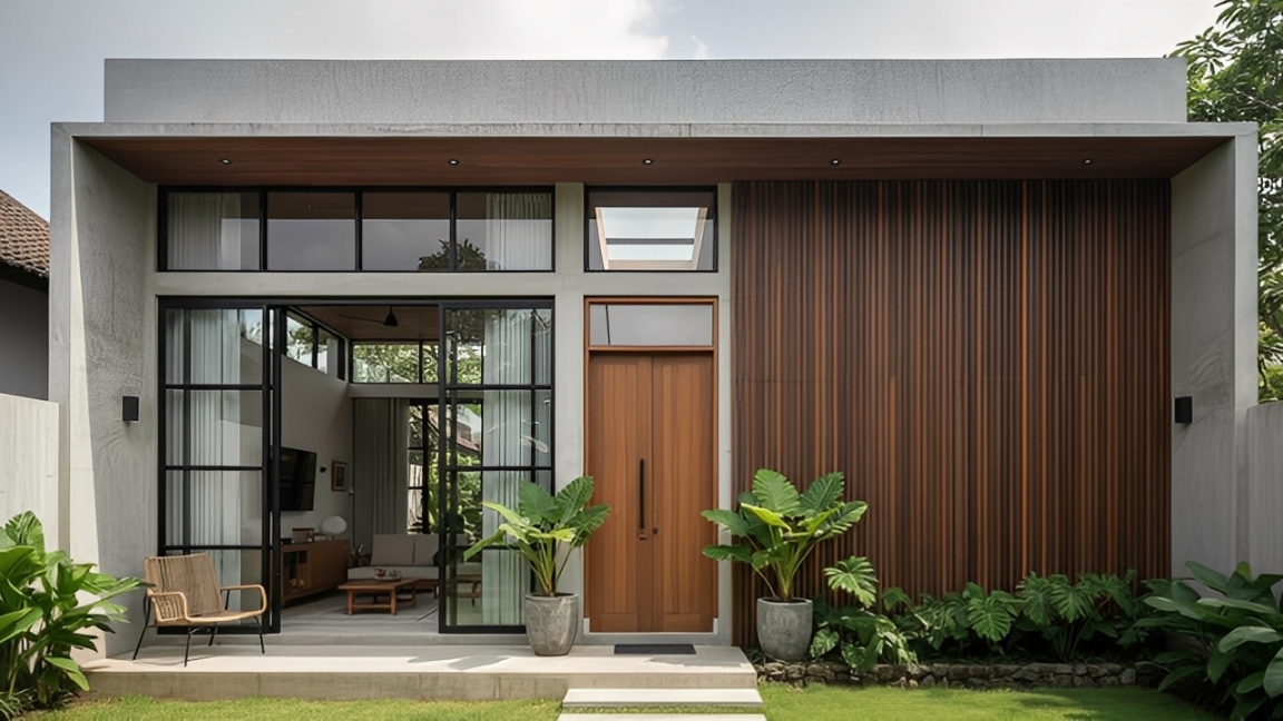 Tampilan rumah minimalis modern 2026 dengan perpaduan beton ekspos, kayu, dan kaca besar yang menghadirkan kesan mewah, rapi, serta nyaman untuk hunian masa kini.
