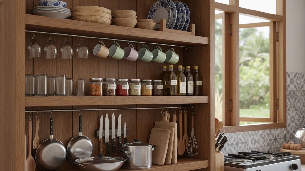Rak dapur dengan material kayu
