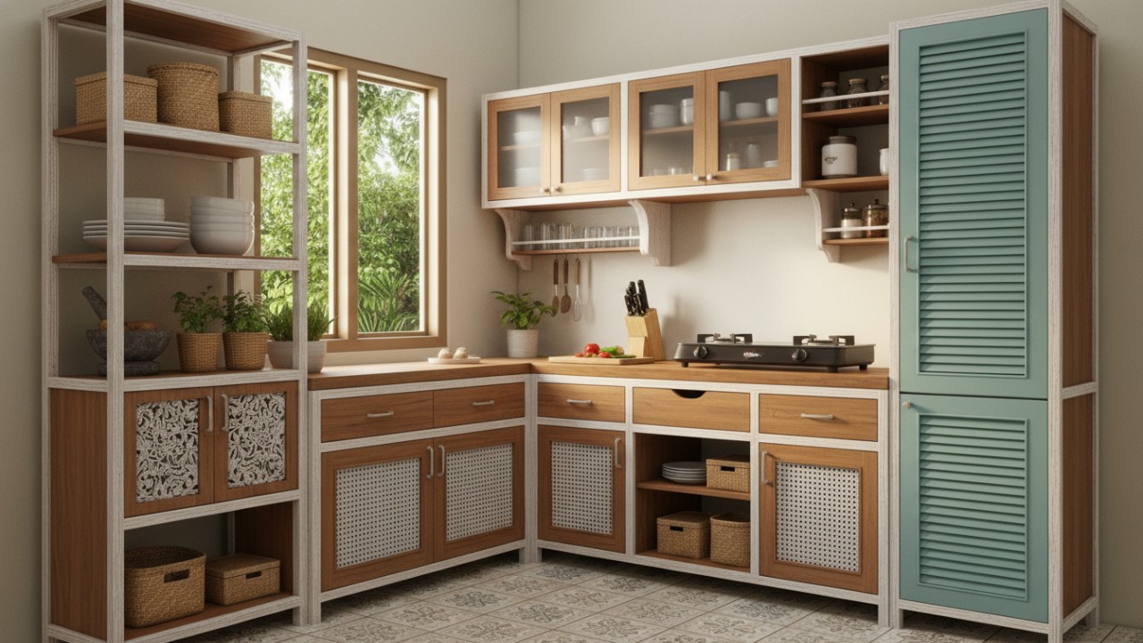 kitchen set ini berfungsi sebagai tempat simpan sekaligus area memasak