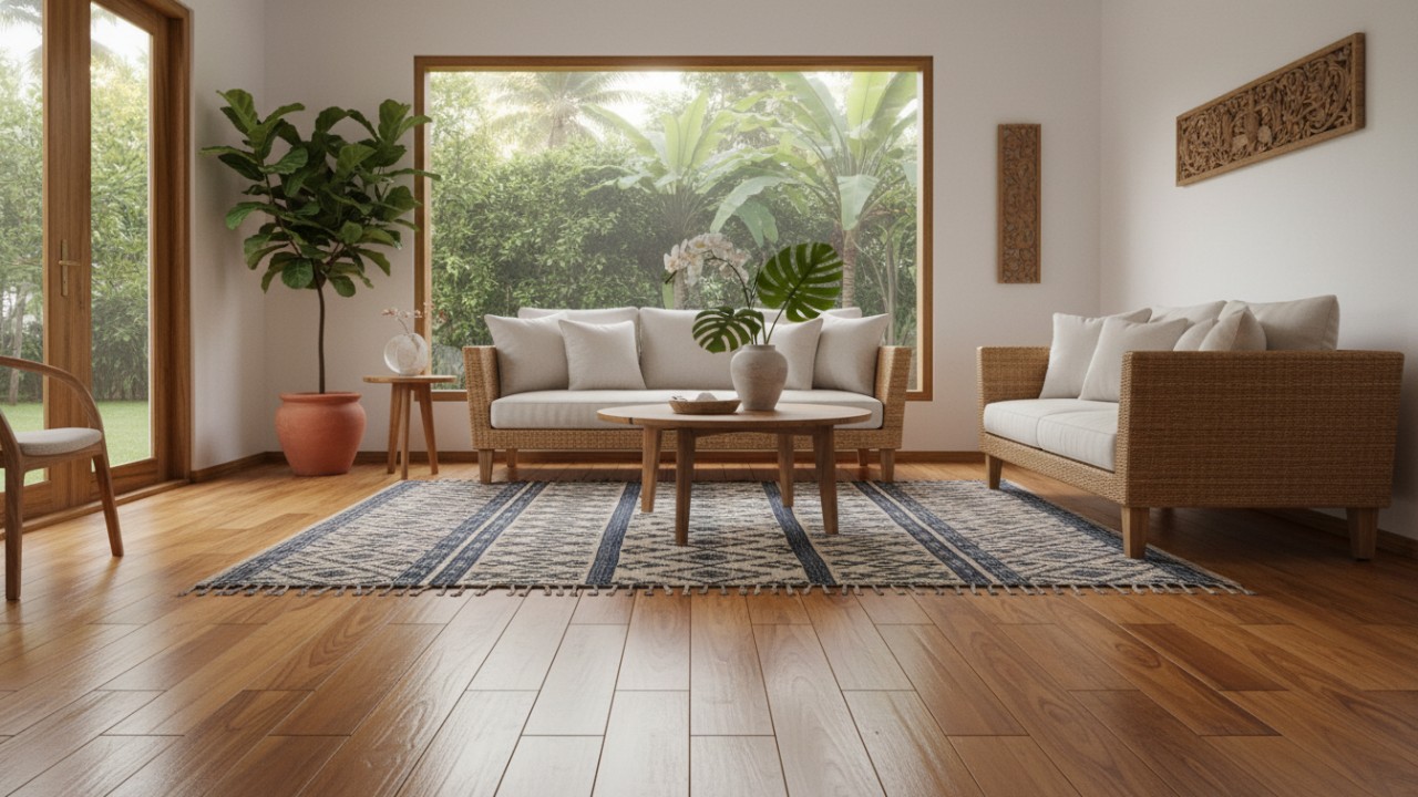 Lantai kayu dengan material kayu seperti jati, merbau, ulin, oak