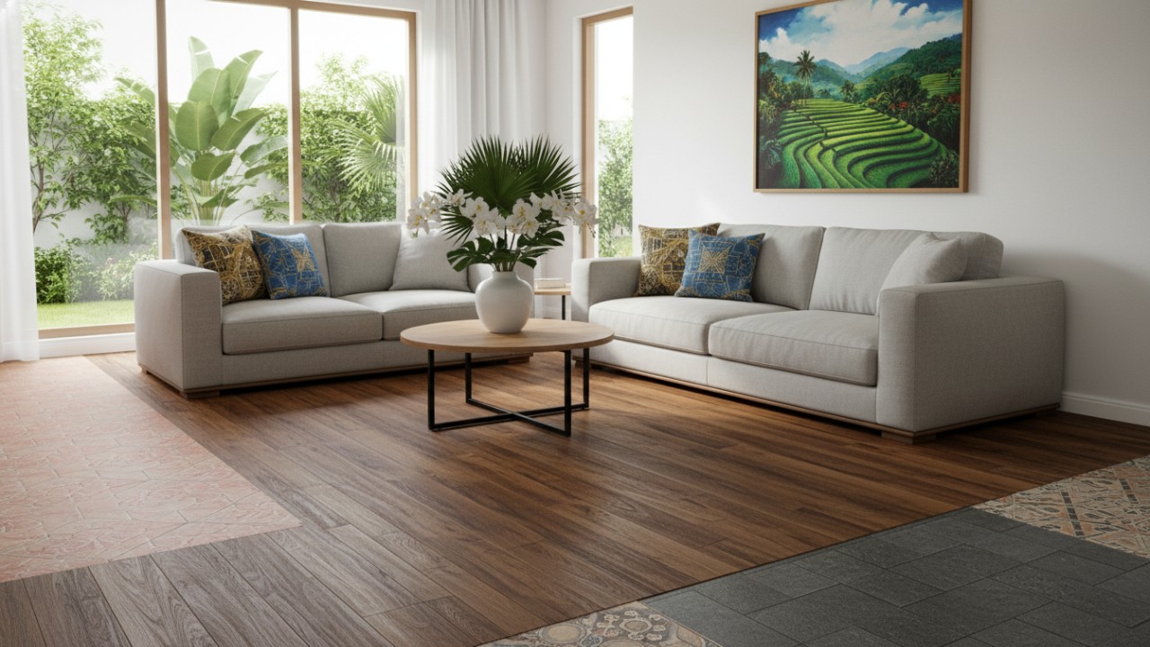 Lantai vinyl menawarkan fleksibilitas lebih. Berbahan PVC sintetis, motifnya beragam, mulai dari kayu, keramik, hingga batu alam, cocok untuk rumah