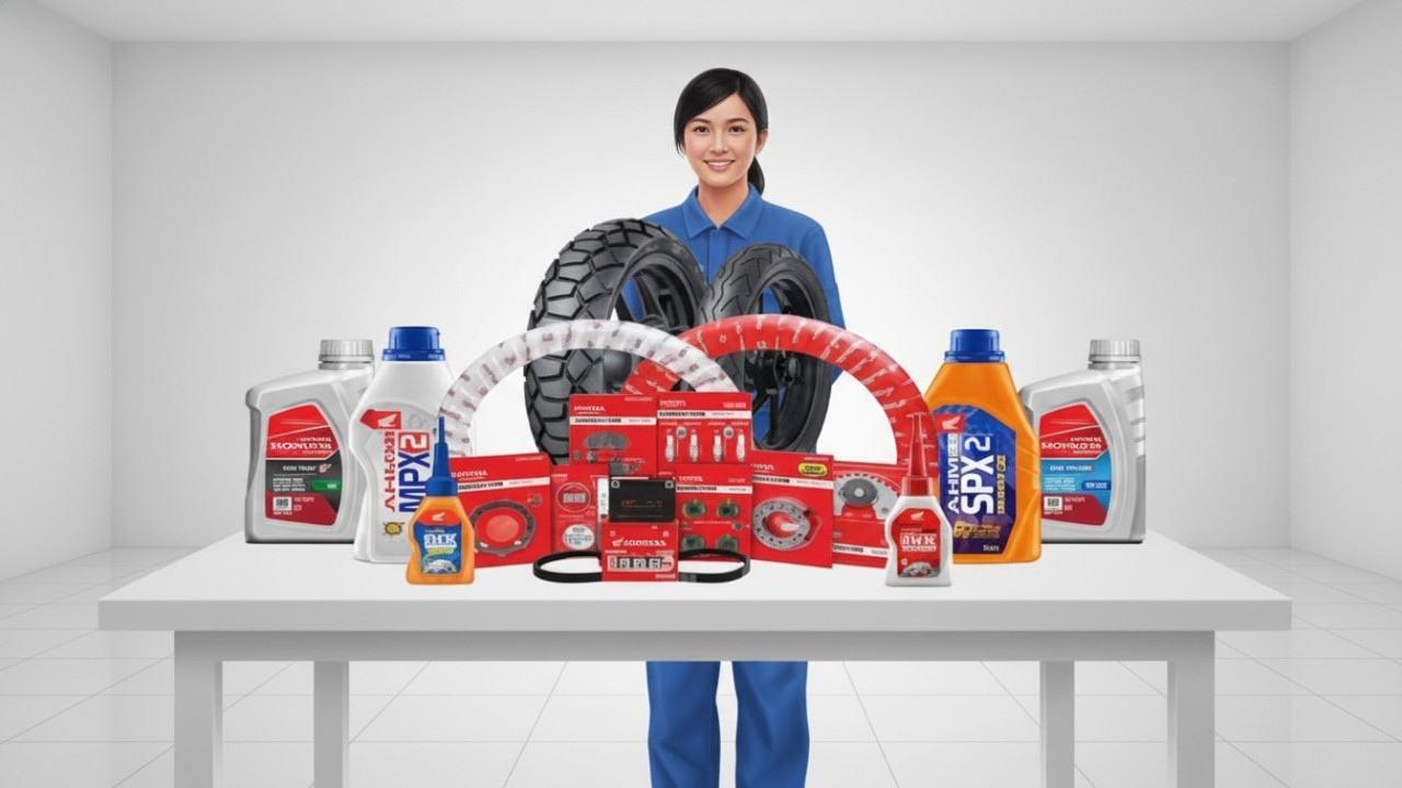 Ilustrasi berbagai sparepart motor berkualitas yang mendukung performa dan keamanan berkendara.