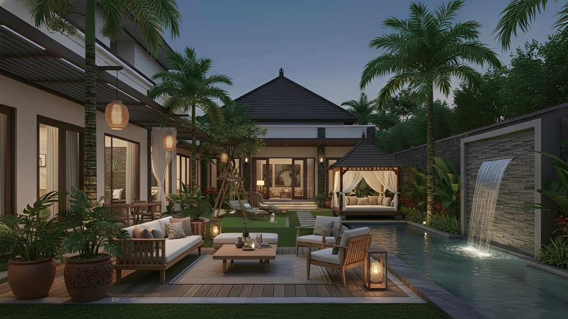 Desain landscape mewah halaman belakang rumah dengan kolam renang, area duduk outdoor, dan gazebo elegan yang nyaman serta fungsional sebagai ruang keluarga.