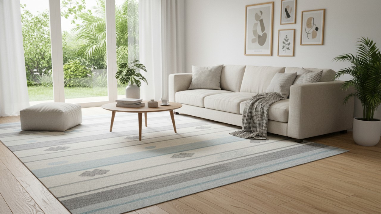 Rumah dengan desain skandinavia, karpet berbahan katun dengan motif sederhana sangat cocok.