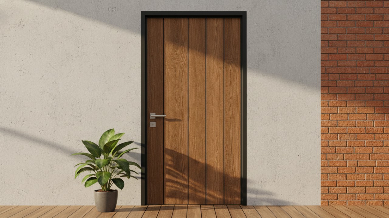 Tampilan pintu WPC dengan finishing rapi yang mendukung desain bangunan modern sejak awal proyek.