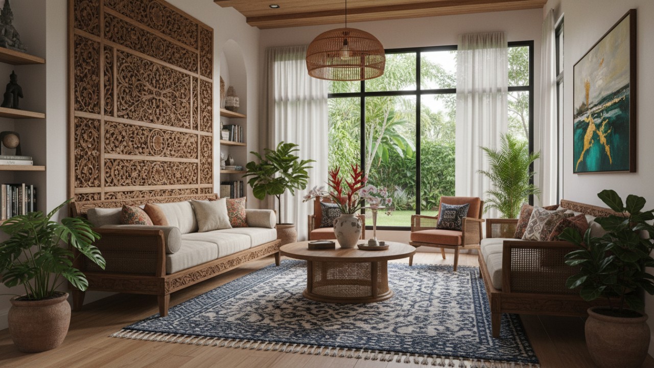 Ilustrasi interior rumah 2026 dengan gaya lived-in, material kayu berkarakter, dan nuansa warna tanah yang hangat.