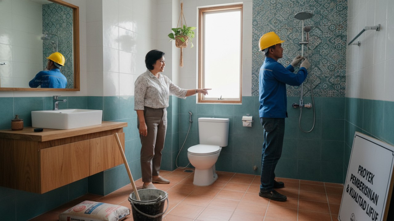 Ilustrasi toilet rumah modern dengan keramik rapi, sanitasi lengkap, dan pencahayaan nyaman.