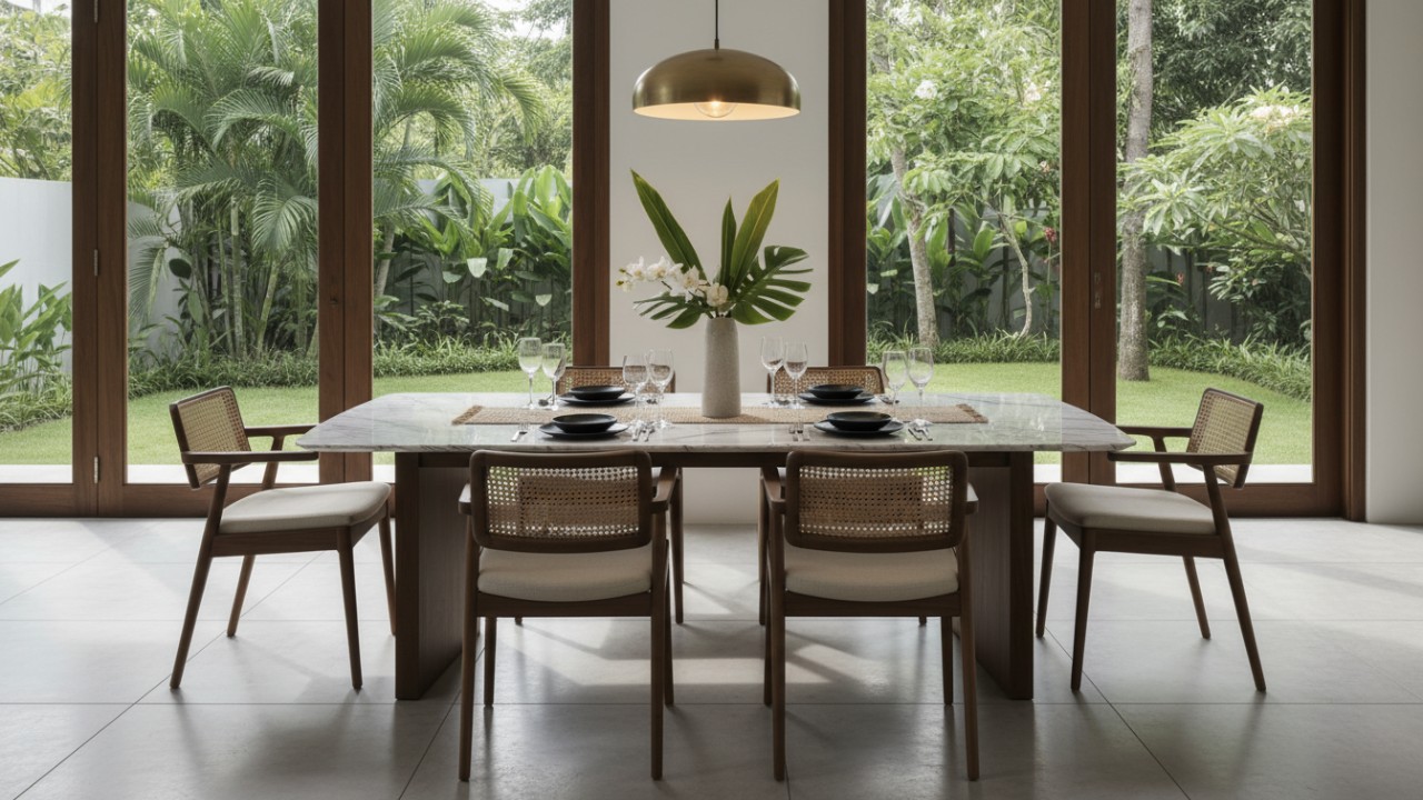 Tampilan meja makan marmer dengan berbagai desain elegan yang memberi karakter kuat pada ruang makan.