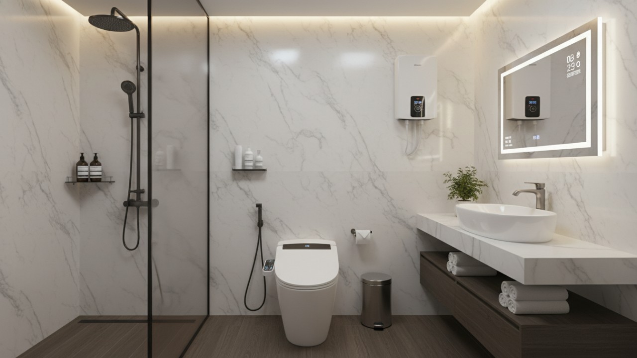 Ilustrasi toilet rumah modern dengan keramik rapi, sanitasi lengkap, dan pencahayaan nyaman.
