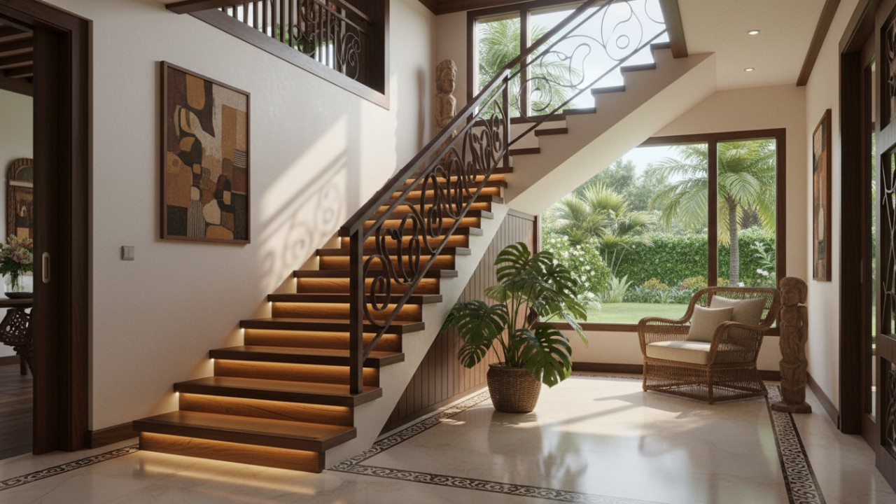Ilustrasi tangga rumah bertingkat dengan desain aman, pencahayaan baik, dan material yang selaras interior.
