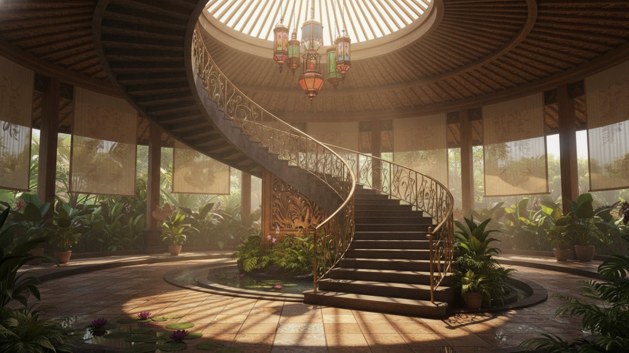 Ilustrasi tangga rumah bertingkat dengan desain aman, pencahayaan baik, dan material yang selaras interior.