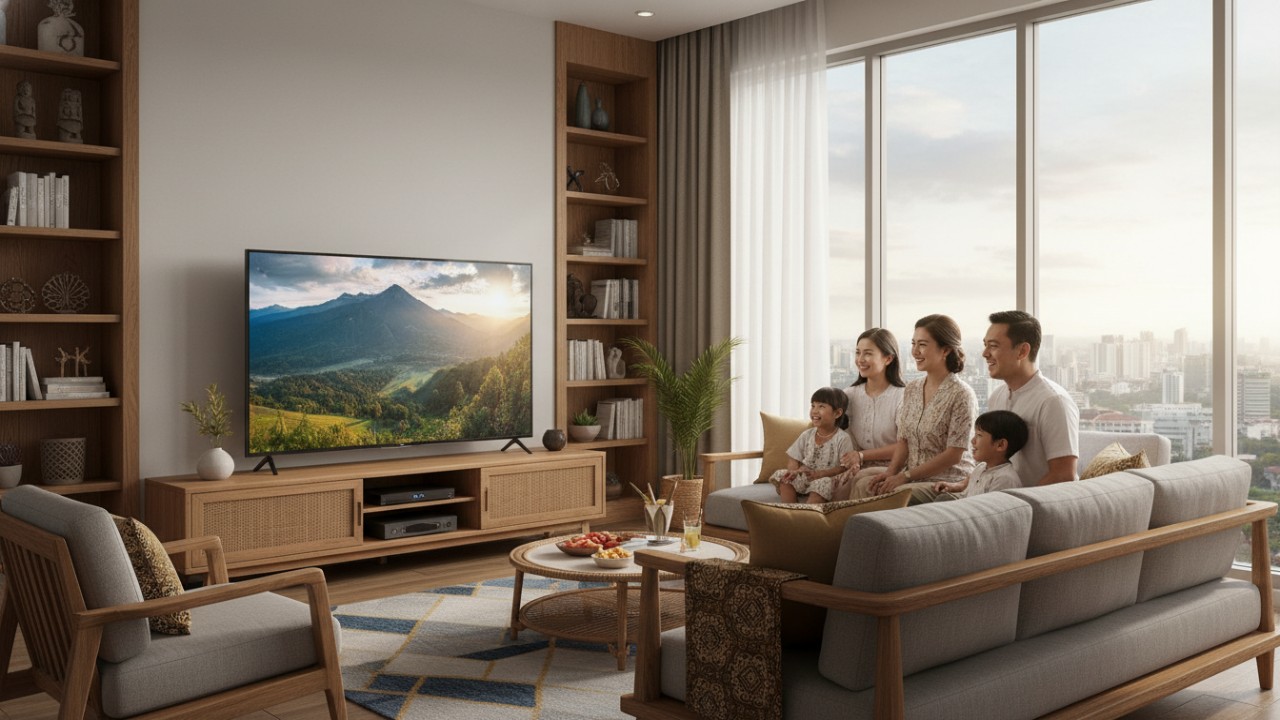 Tampilan ruang keluarga modern dengan TV layar besar berteknologi 4K yang mendukung hiburan keluarga