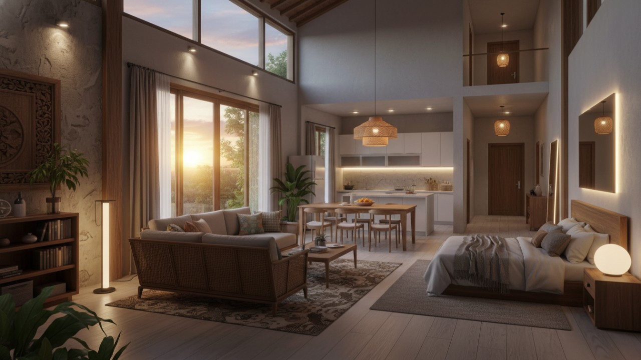 Ilustrasi pencahayaan interior rumah dengan lampu LED modern yang menghadirkan suasana nyaman dan fungsional.