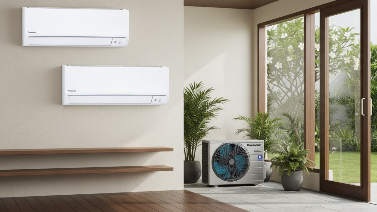 Tampilan unit AC modern dengan fitur pemurnian udara, solusi sejuk dan sehat untuk rumah tropis.