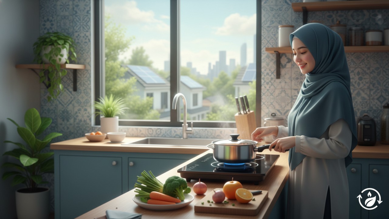 Ilustrasi kompor induksi di dapur rumah tangga modern dengan alat masak feromagnetik, menonjolkan efisiensi energi.