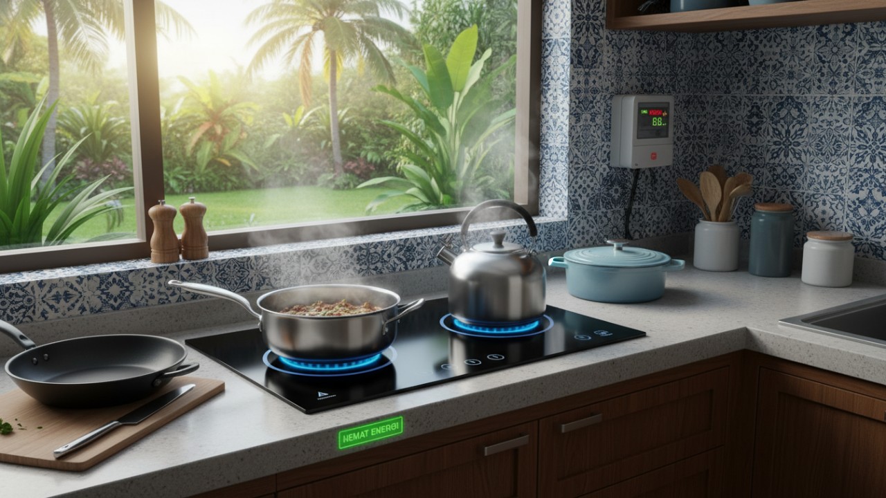 Ilustrasi kompor induksi di dapur rumah tangga modern dengan alat masak feromagnetik, menonjolkan efisiensi energi.
