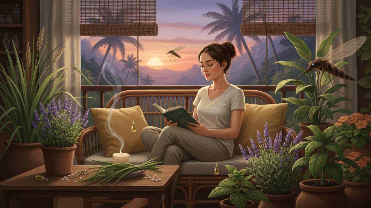 Ilustrasi rumah dengan tanaman serai dan lavender sebagai cara alami mengusir nyamuk secara ramah lingkungan.