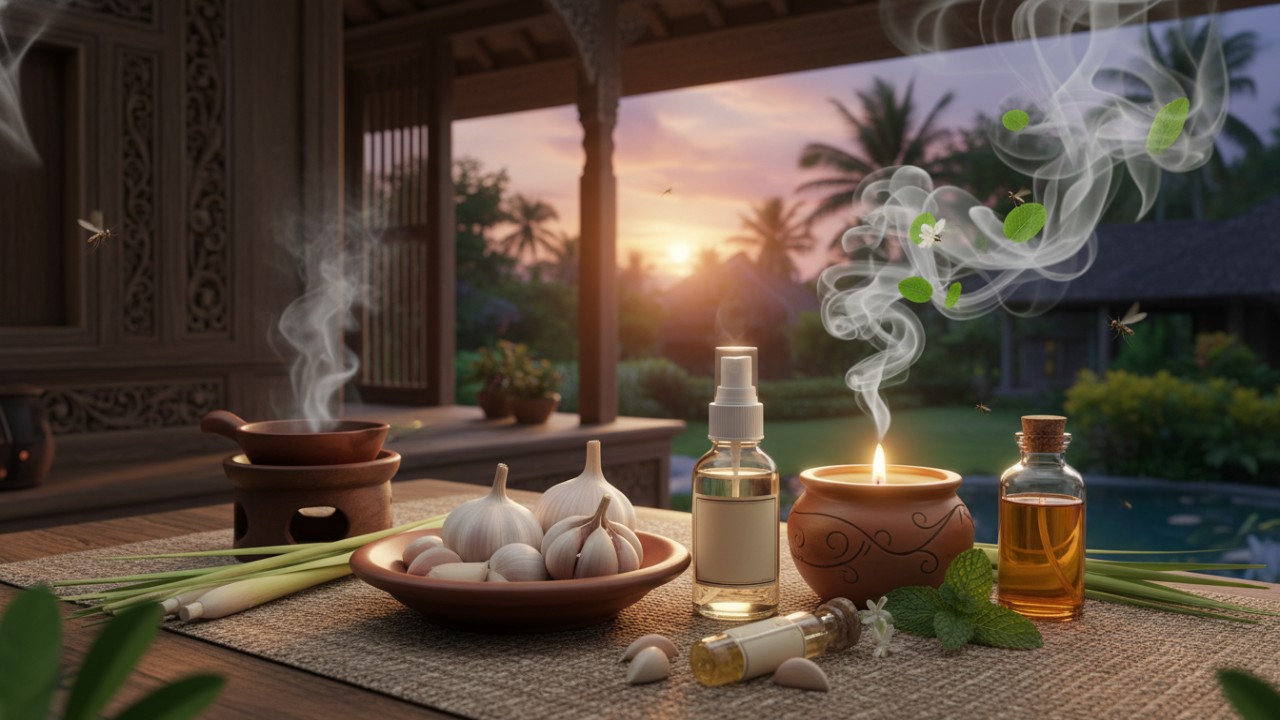 Ilustrasi rumah dengan tanaman serai dan lavender sebagai cara alami mengusir nyamuk secara ramah lingkungan.