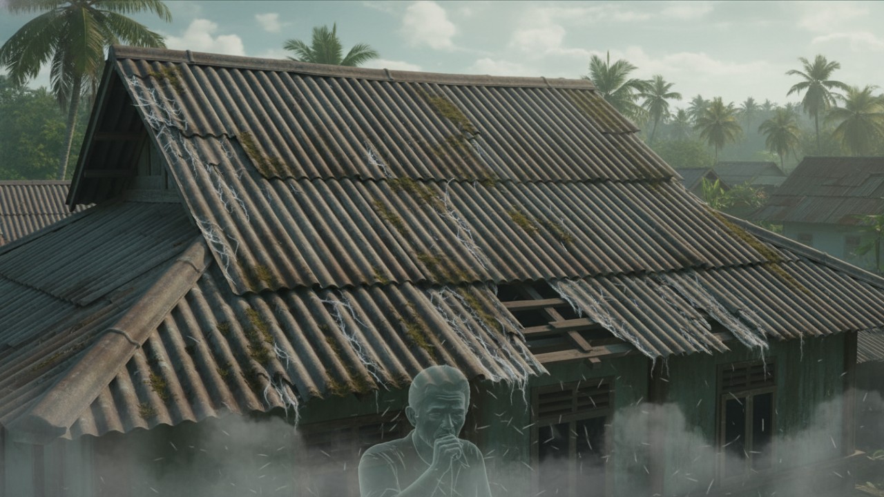 Atap rumah berbahan asbes yang mulai menua, menggambarkan risiko serat berbahaya bagi kesehatan penghuni.