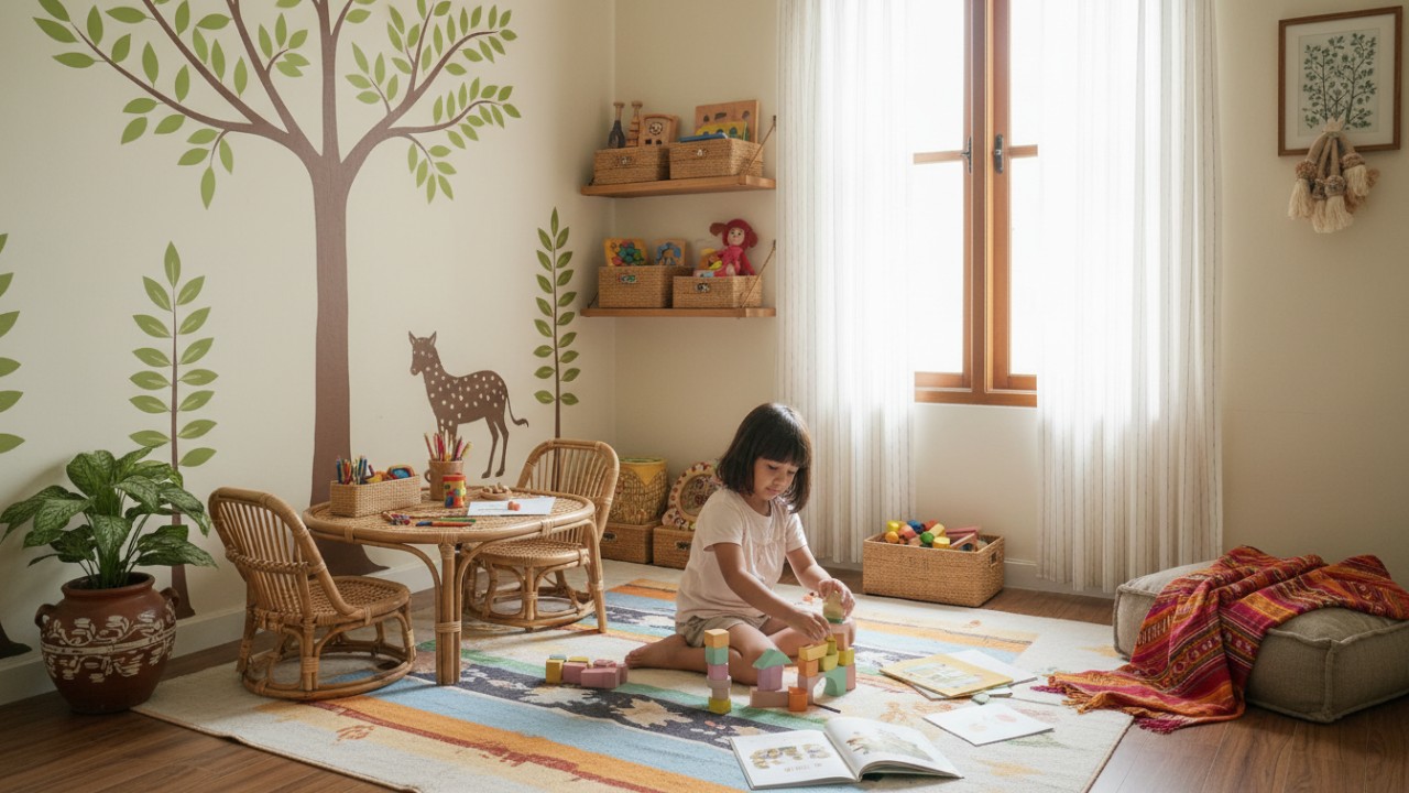 Ilustrasi zona bermain anak di rumah dengan furnitur aman dan mainan edukatif yang mendukung kreativitas.