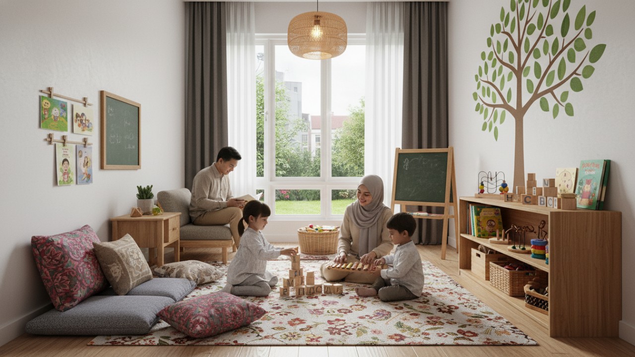 Ilustrasi zona bermain anak di rumah dengan furnitur aman dan mainan edukatif yang mendukung kreativitas.