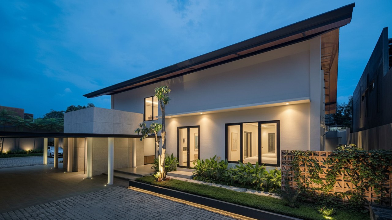 Desain rumah minimalis tropis dengan pintu geser kaca, taman luas, dan kolam renang mewah, menciptakan suasana elegan dan sejuk. Inspirasi desain rumah modern yang nyaman.