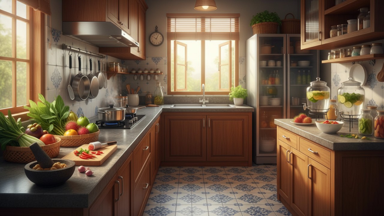 Ilustrasi dapur sehat minimalis dengan pencahayaan yang baik dan peralatan masak terorganisir.
