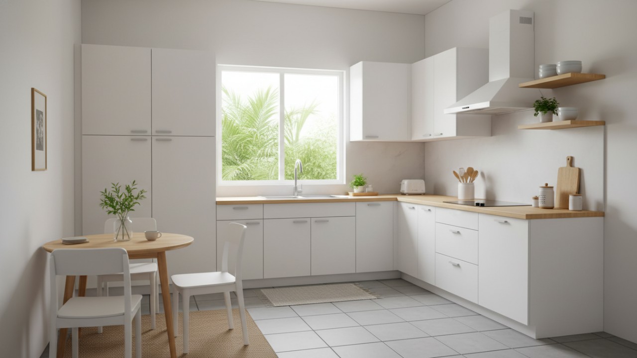 Dapur dengan kitchen set minimalis putih yang memberikan kesan bersih dan lapang, cocok untuk dapur kecil dan sederhana.