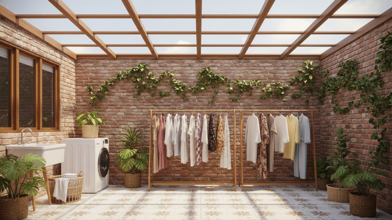 Inspirasi desain ruang cuci jemur semi outdoor dengan atap transparan, menjadikan ruangan lebih terang dan nyaman untuk menjemur pakaian.