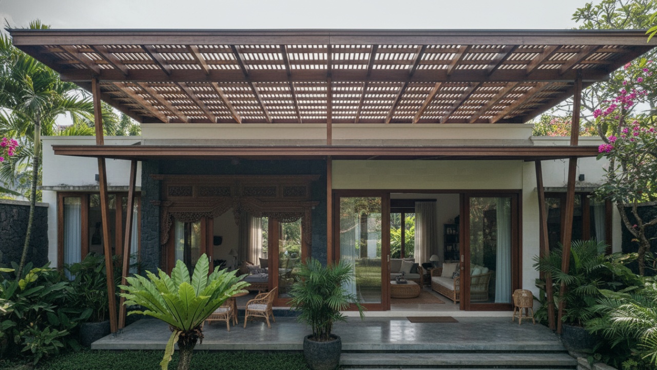 Kanopi rumah modern melindungi teras dari panas dan hujan dengan desain rapi dan material tahan cuaca.