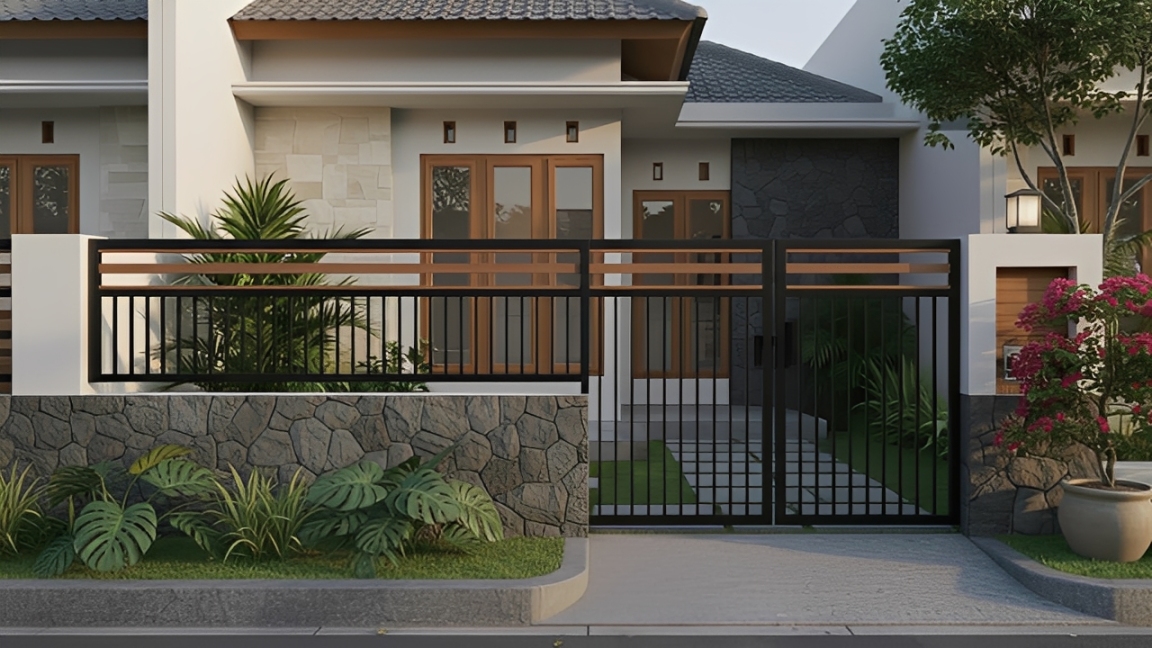 Tampilan pagar rumah minimalis kombinasi batu alam dan besi dengan nuansa modern dan natural yang memikat.