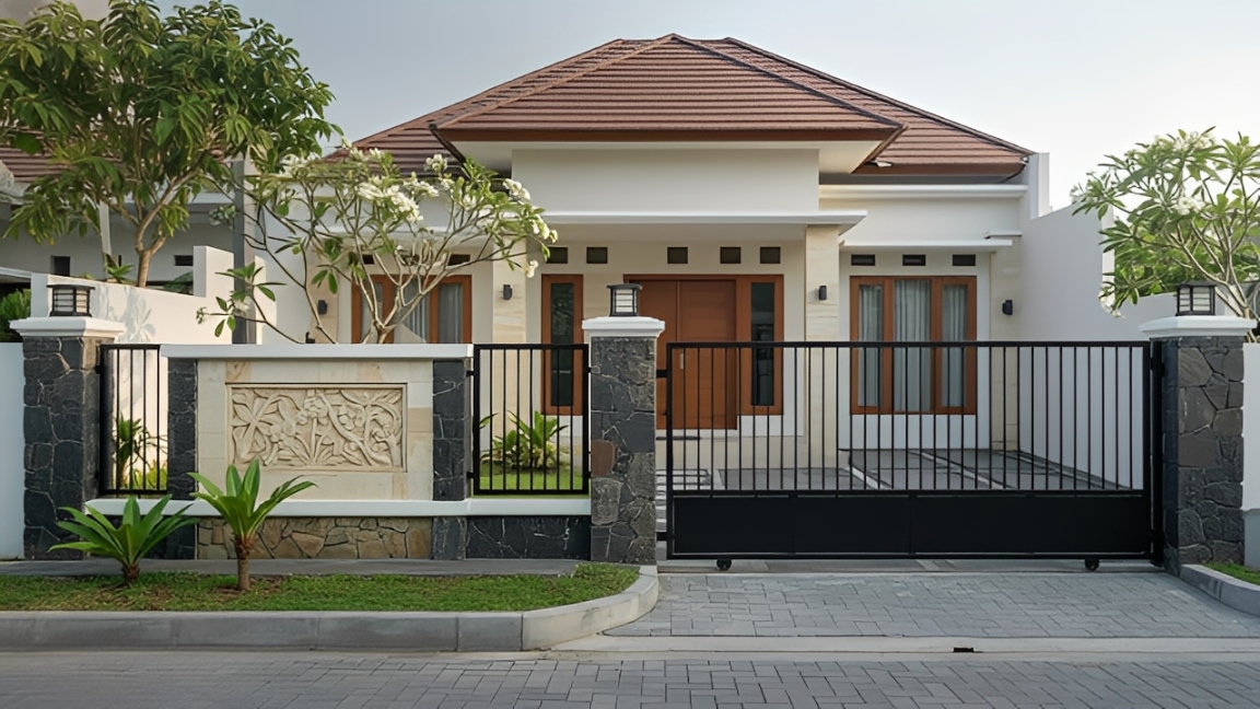 Pagar kombinasi batu alam dan besi.