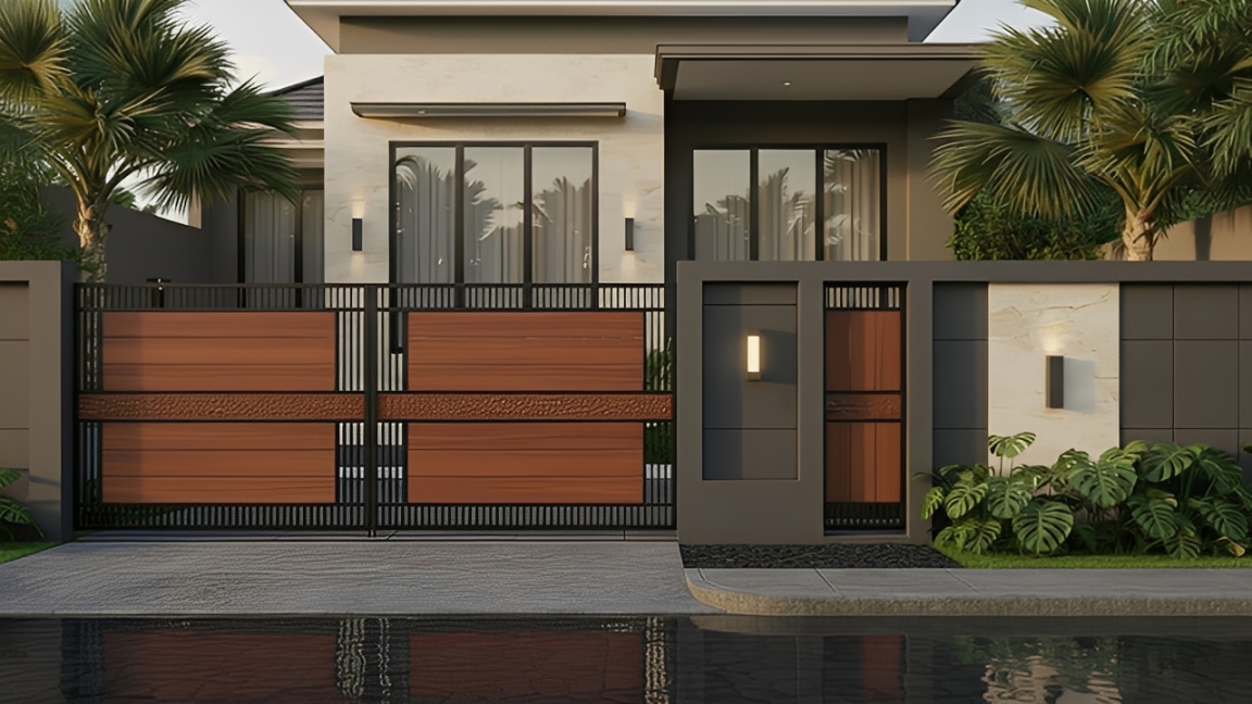 Tampilan pagar rumah minimalis modern dengan warna hitam, abu-abu, dan earthy tone yang memperkuat kesan mewah.