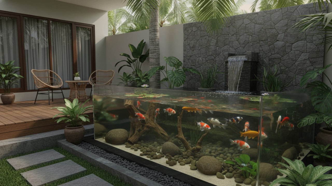 Kolam ikan minimalis outdoor dengan dekorasi alami menghadirkan suasana segar dan modern di halaman rumah.