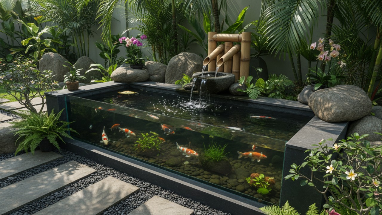 Kolam ikan minimalis dengan kucuran air sederhana dari bambu memberi nilai tradisional alami
