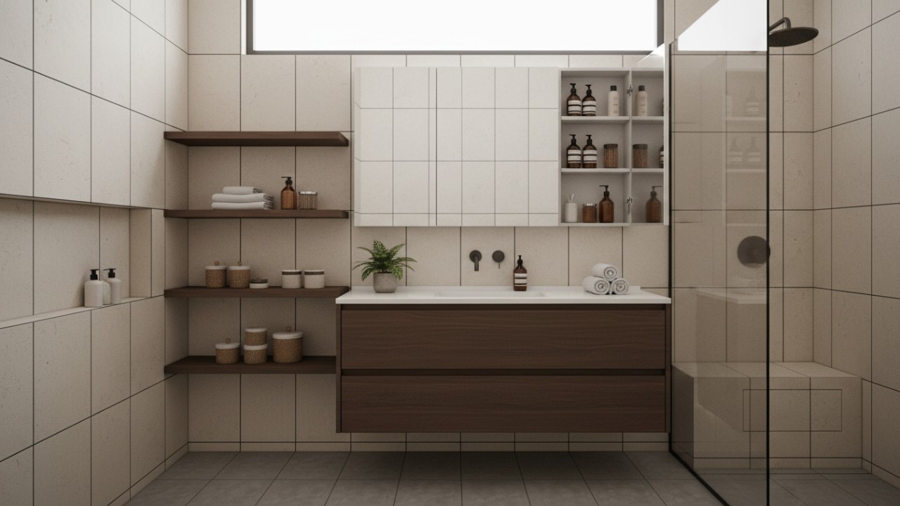 Perabotan Mandi tertata rapi di kamar mandi minimalis